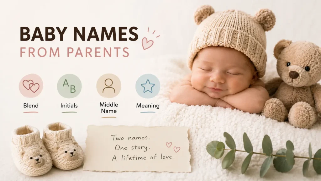 Baby names from parents guide showing four ways to honor both sides — blend, initials, middle name, and meaning-based naming
