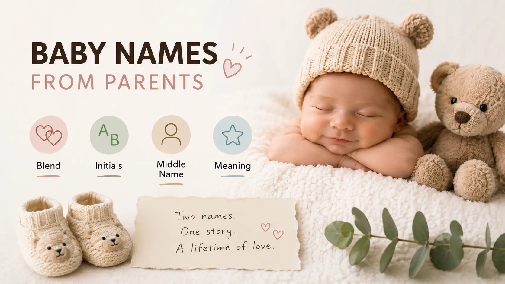 Baby names from parents guide showing four ways to honor both sides — blend, initials, middle name, and meaning-based naming