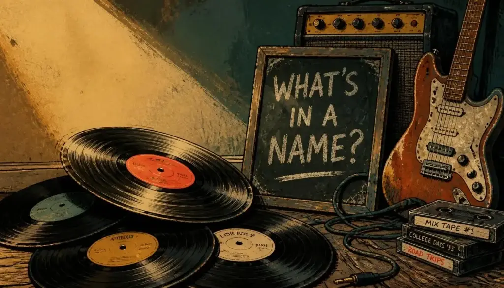 Illustration representing band name origin stories with vintage microphone, vinyl records, and neon marquee