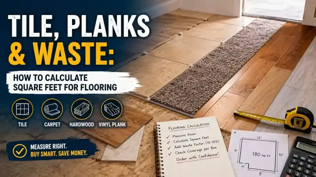 Tile boxes and a tape measure on a room floor showing how to calculate square feet for flooring with waste factor