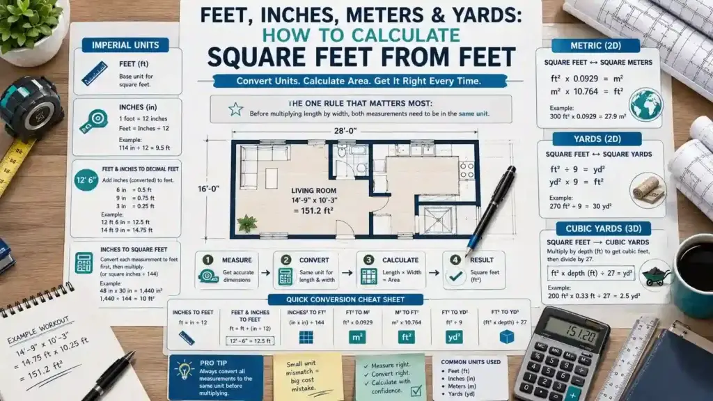Tape measure and conversion chart showing feet, inches, meters, and yards being converted to square feet