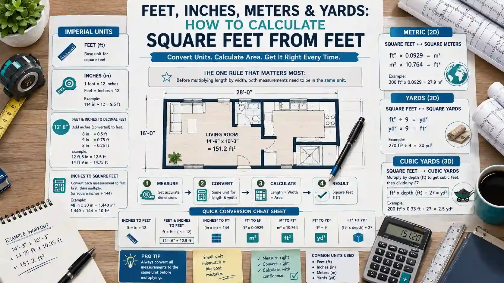 Unit conversion guide showing how to calculate square feet from feet, inches, meters, and yards