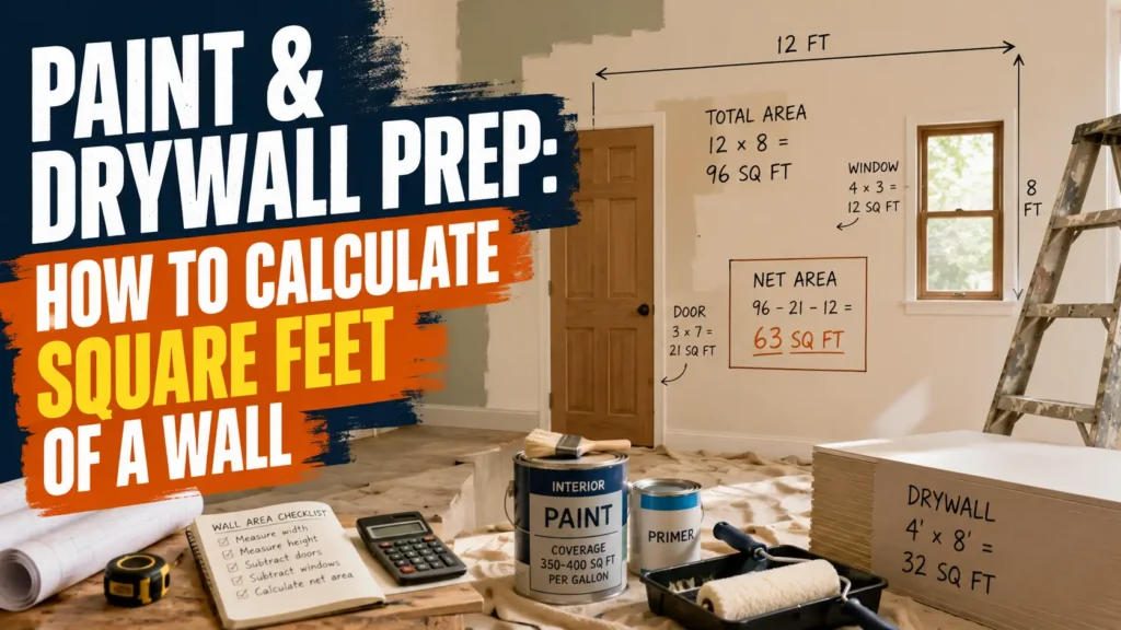 Wall with door and window openings marked showing how to calculate square feet of a wall for paint and drywall