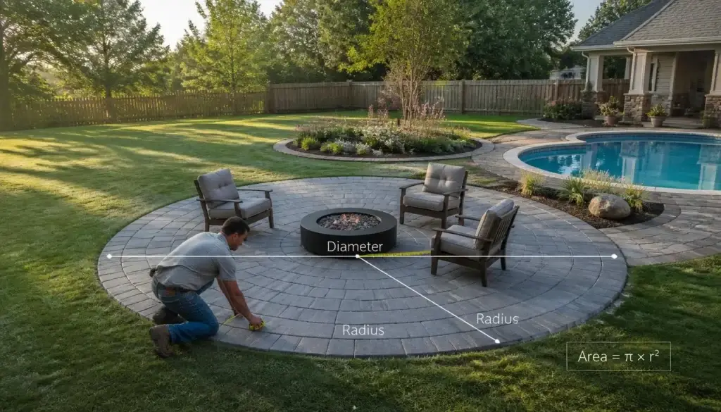 Round patio with fire pit showing diameter and radius measurement lines and the formula area equals pi times radius squared