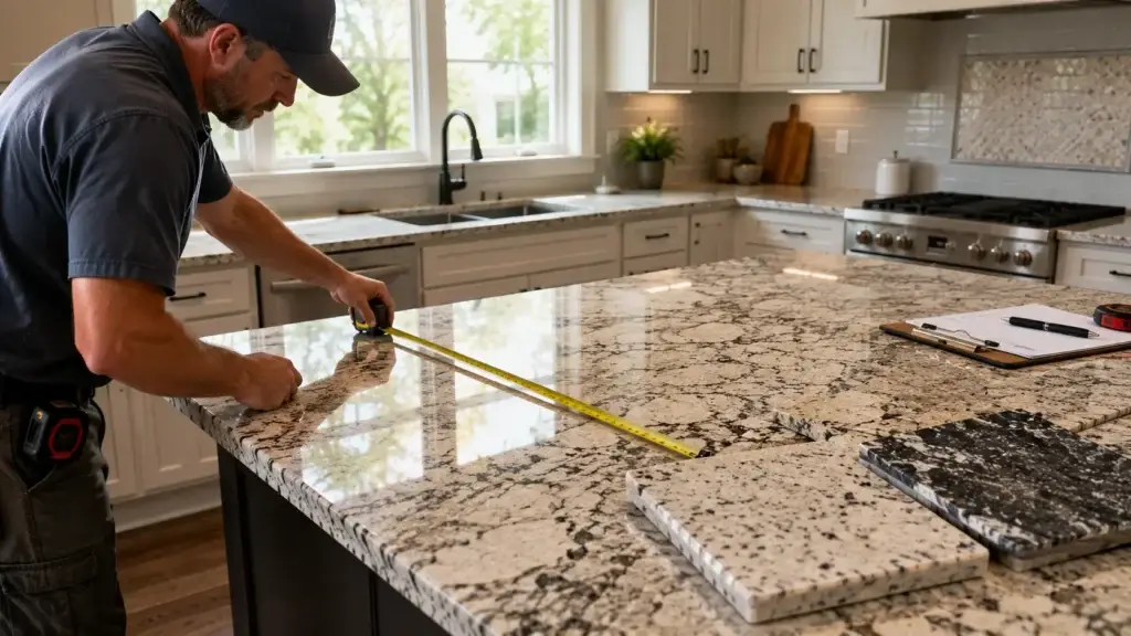 Kitchen island countertop with tape measure showing overhang measurement used to calculate square feet of countertop