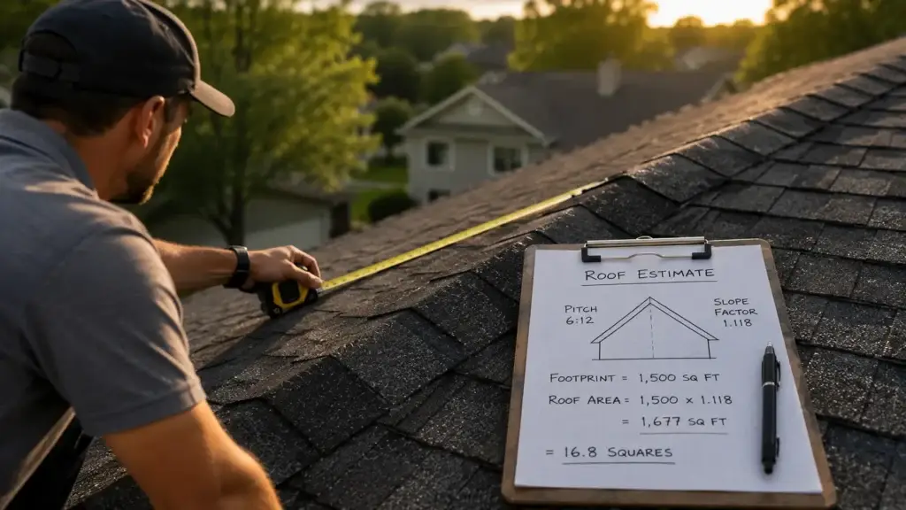 Gable roof diagram showing pitch ratio and slope factor used to calculate square feet of roof for shingle ordering
