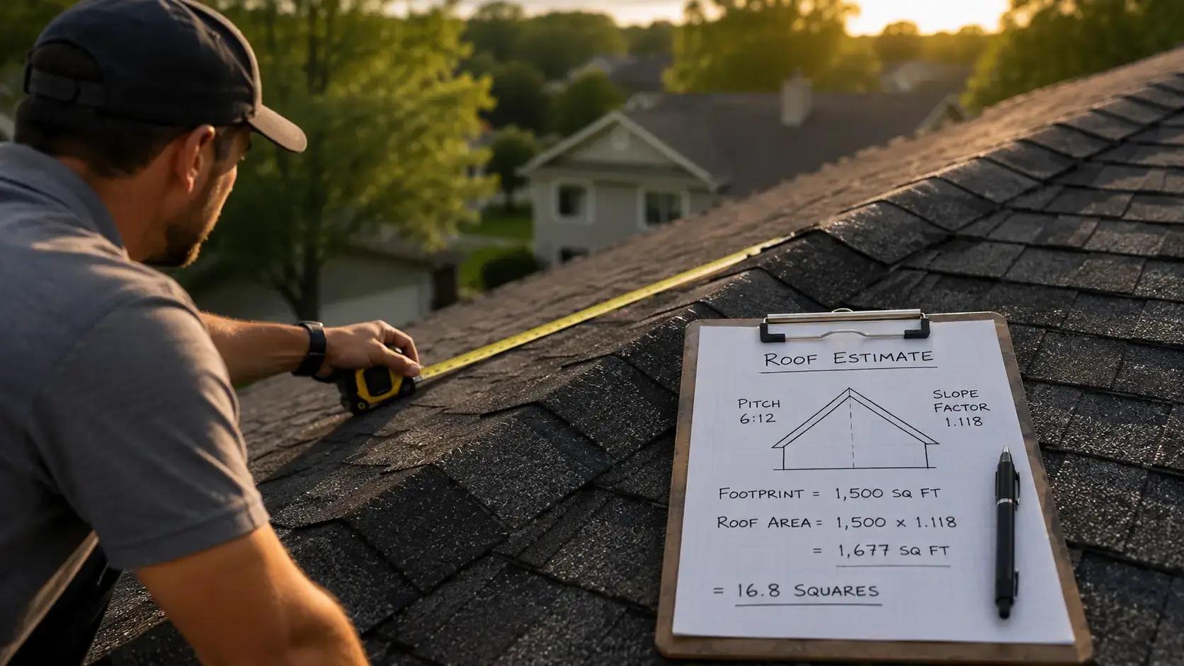 Gable roof diagram showing pitch ratio and slope factor used to calculate square feet of roof for shingle ordering
