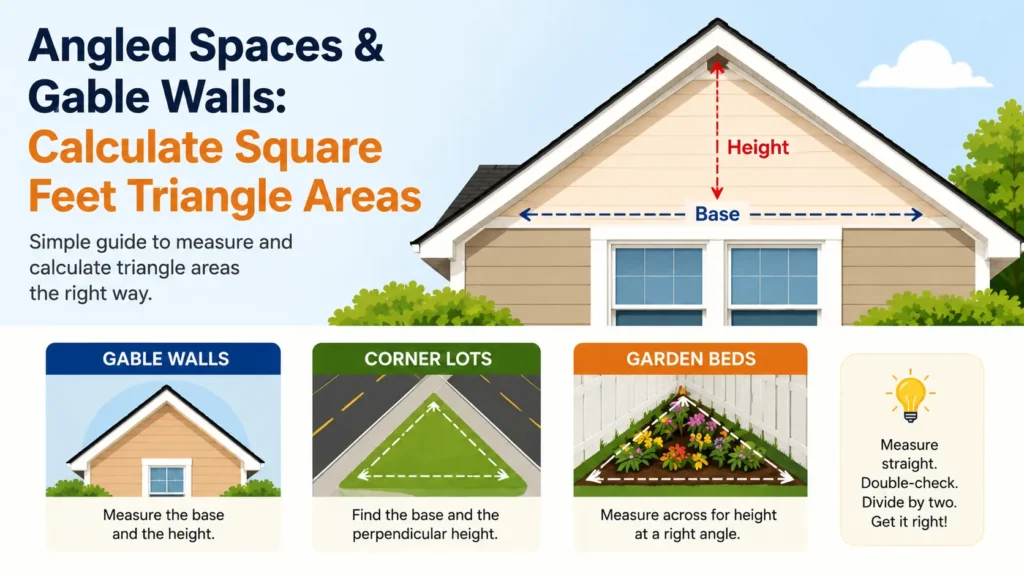 Gable wall with base and height measurement lines showing how to calculate square feet triangle area using base times height formula