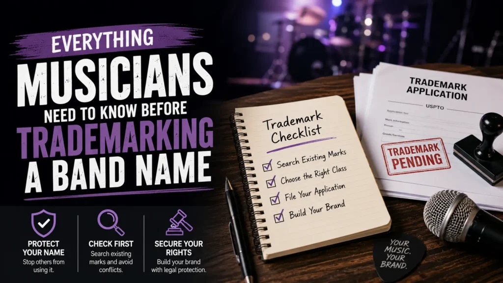 Musician checking a band name against the USPTO trademark database before release