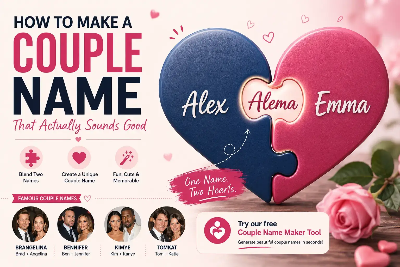 Couple name maker guide with Brangelina, Bennifer, Kimye examples