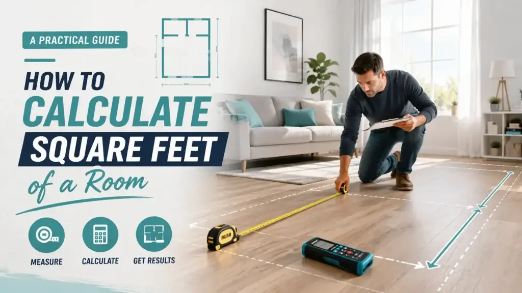 Person measuring a room with a tape measure to calculate square feet.