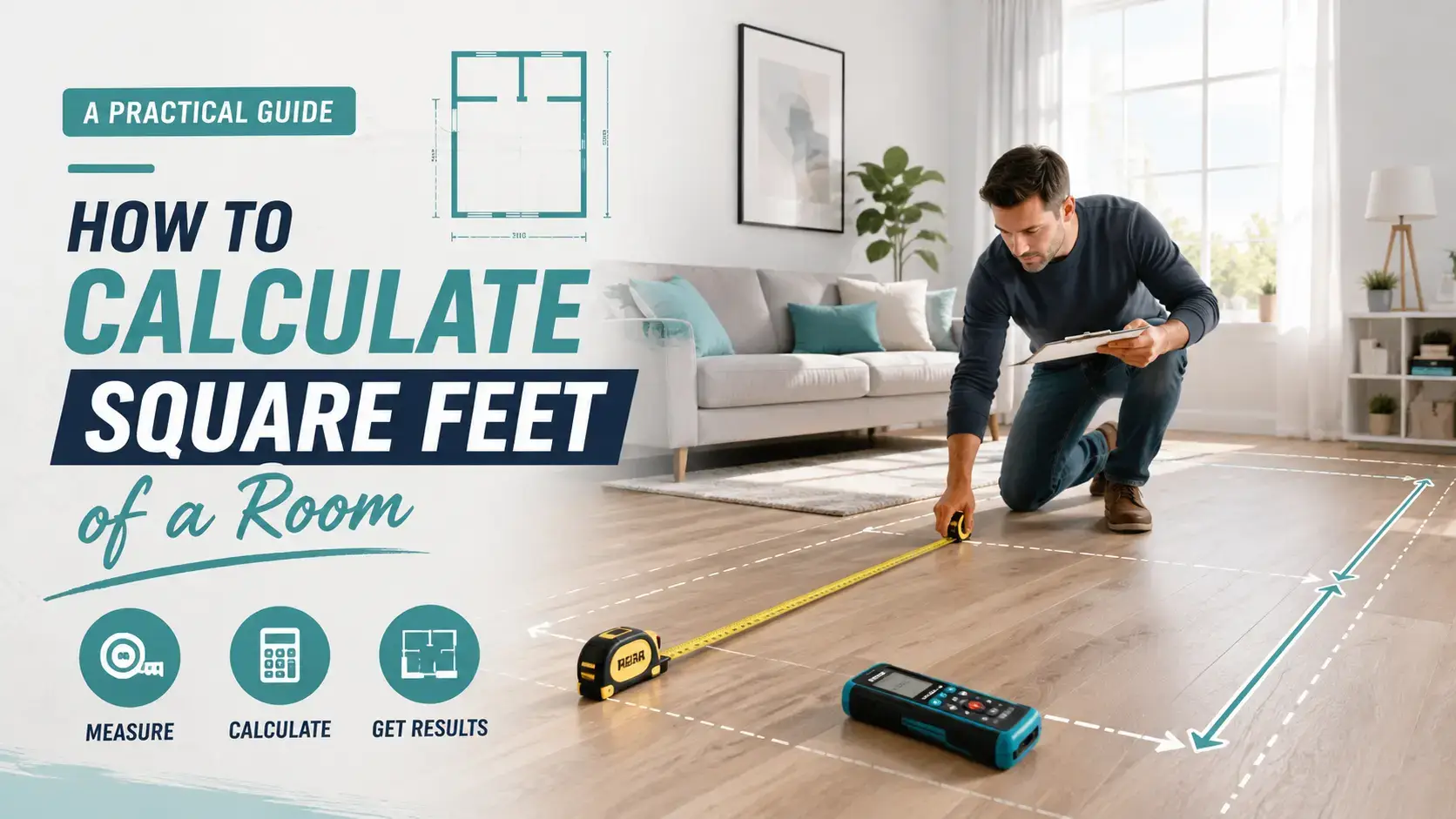 Person measuring a room with a tape measure to calculate square feet.