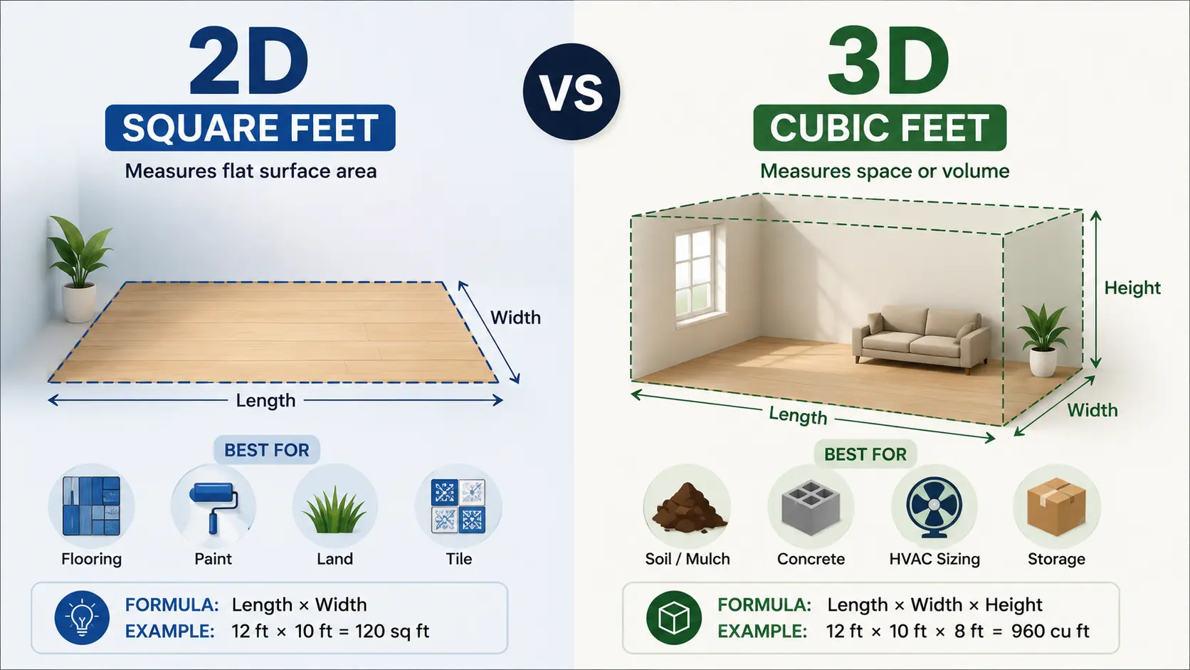 sq ft vs cubic ft comparison 2D and 3D measurements guide