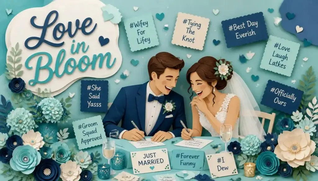 A witty wedding hashtag generator free showing funny and punny hashtag ideas for couples