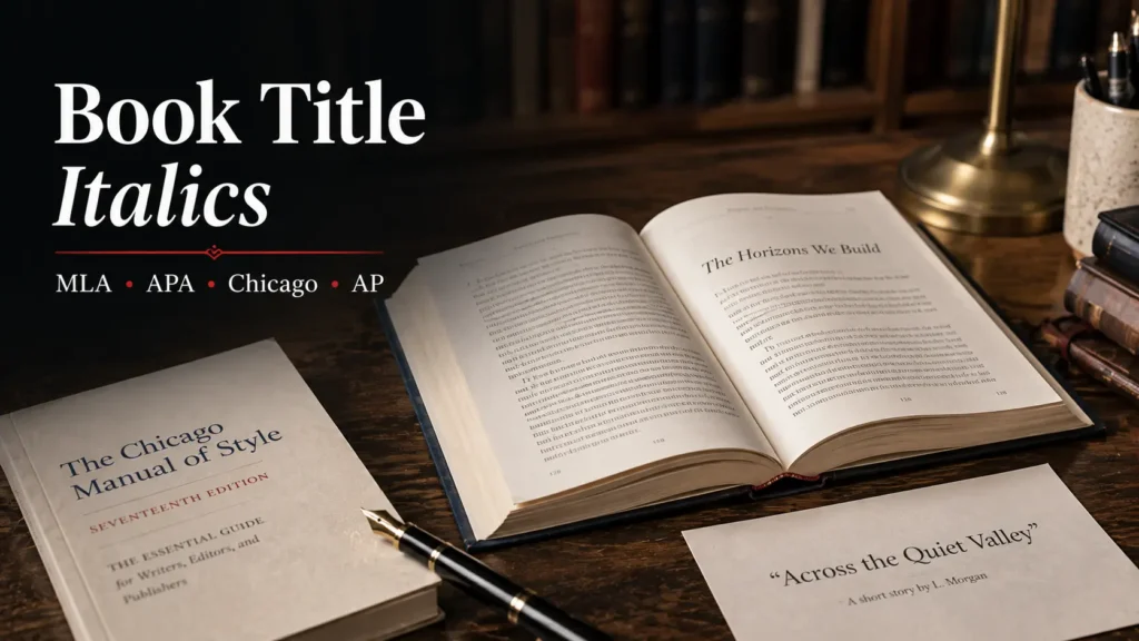 Open book with formatting marks showing italicized book title examples in MLA, APA, Chicago, and AP styles