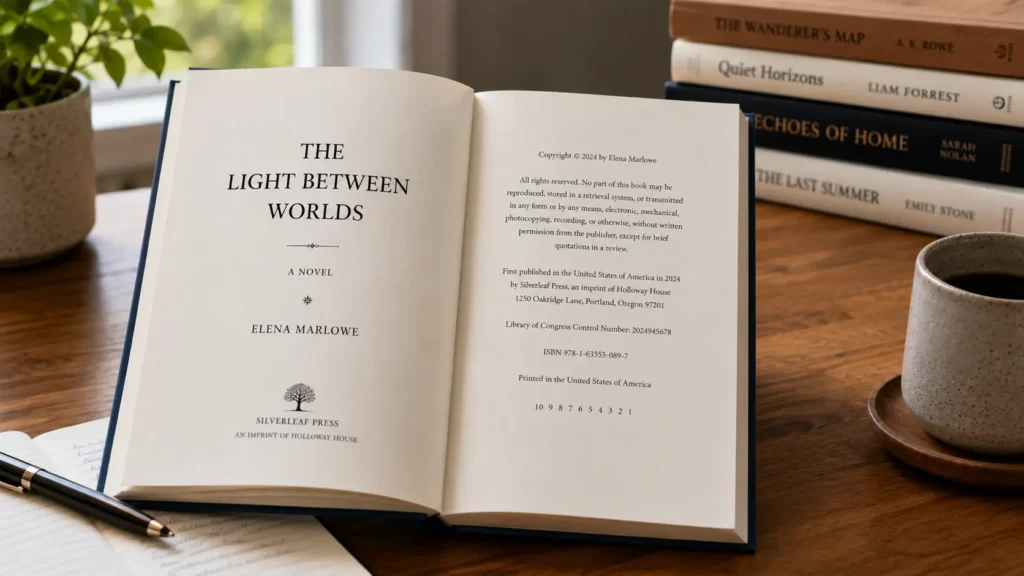 Open book showing a title page and copyright page side by side, demonstrating correct book front matter formatting