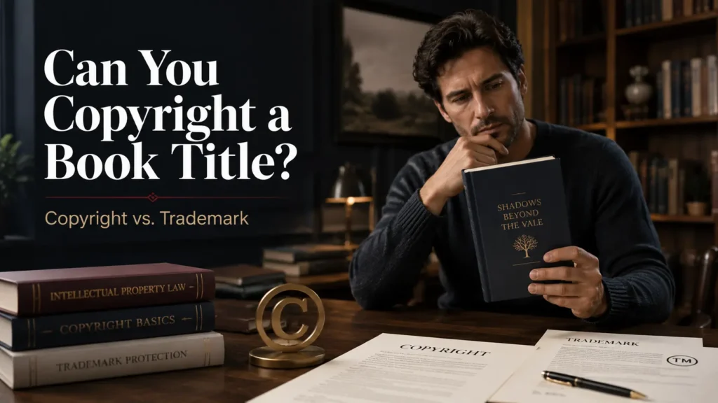 Author looking thoughtfully at his book while comparing copyright and trademark protection documents on his desk