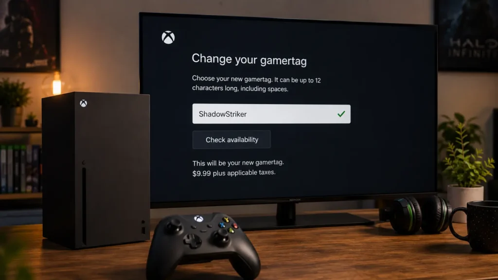 Xbox gaming setup with a gamertag change screen displayed on a monitor, showing a new gamertag and change fee.