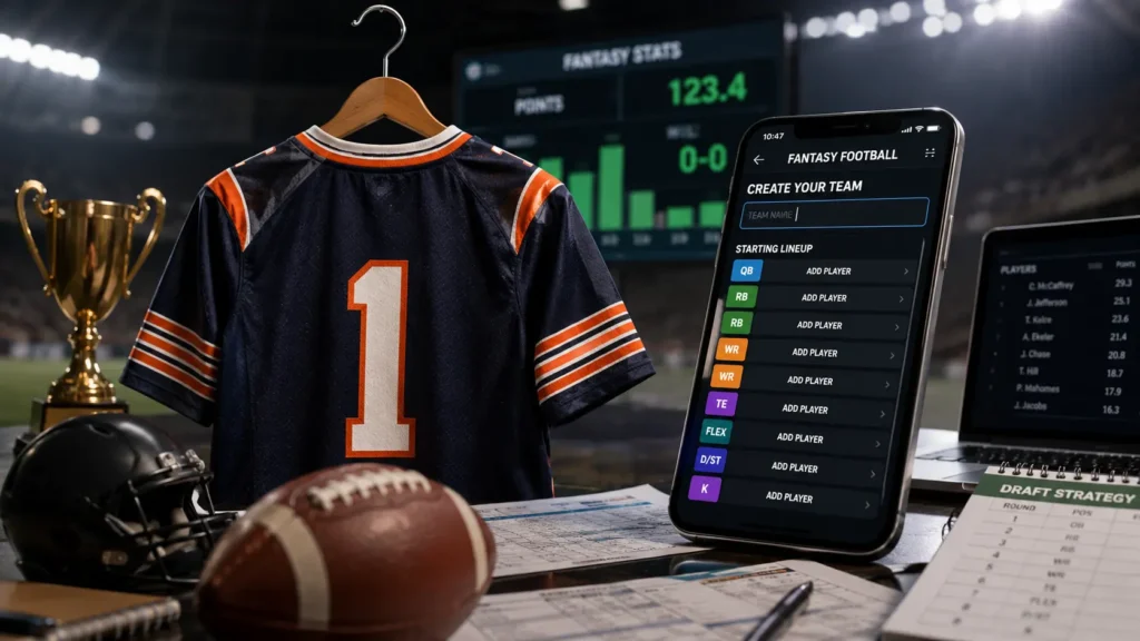 Fantasy football team name funny ideas - jersey and phone app illustration