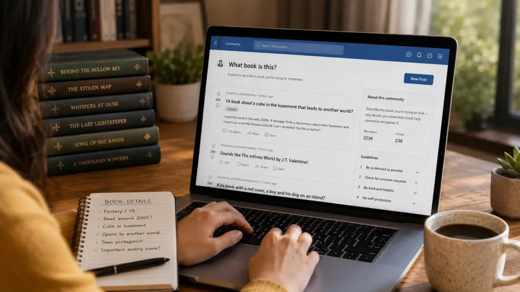 Person using a laptop to search a book-identification discussion forum, with a notebook labeled Book Details, fictional books, coffee, and a cozy home office setting.