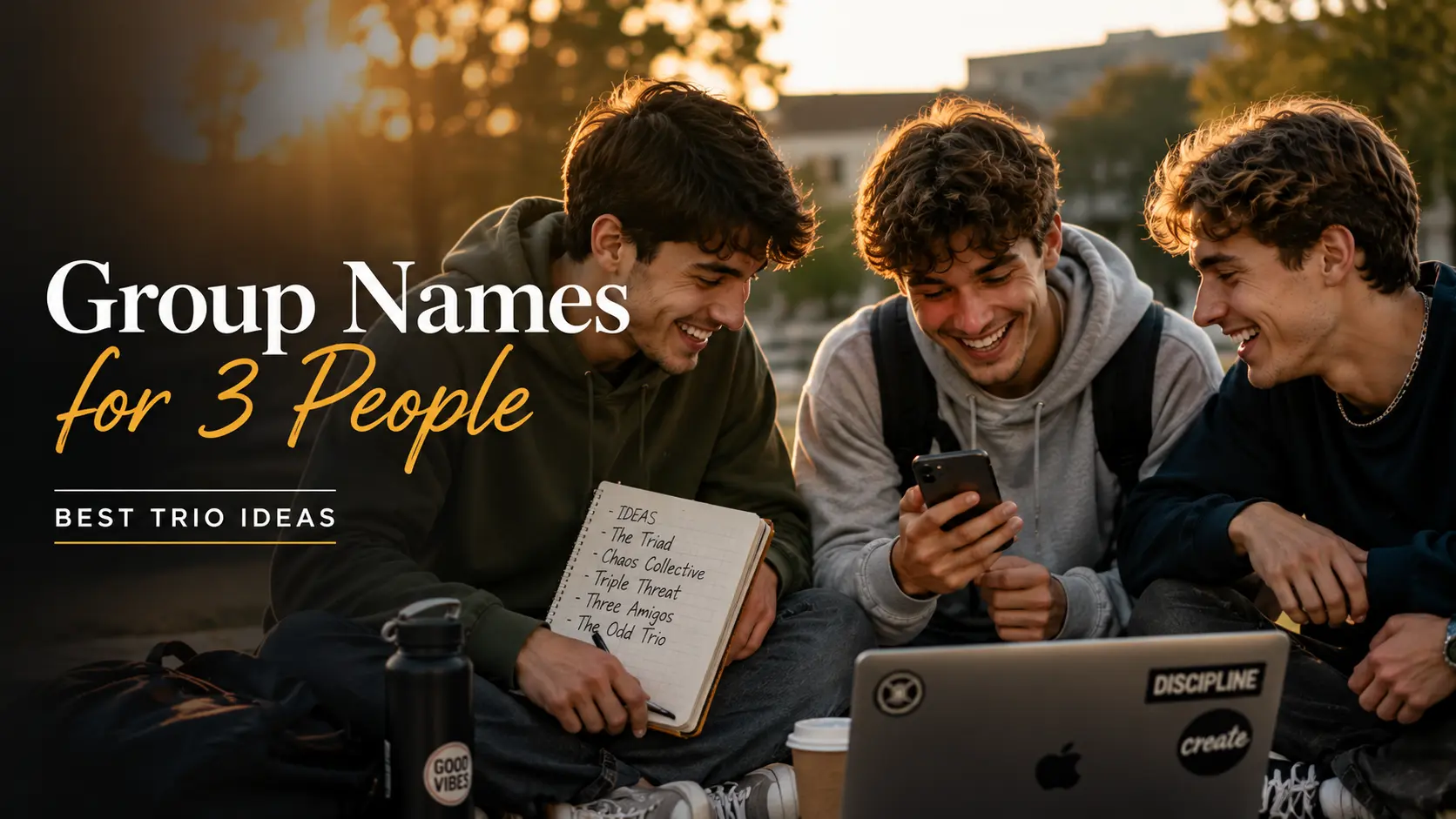 Group of three friends brainstorming creative trio names and team name ideas