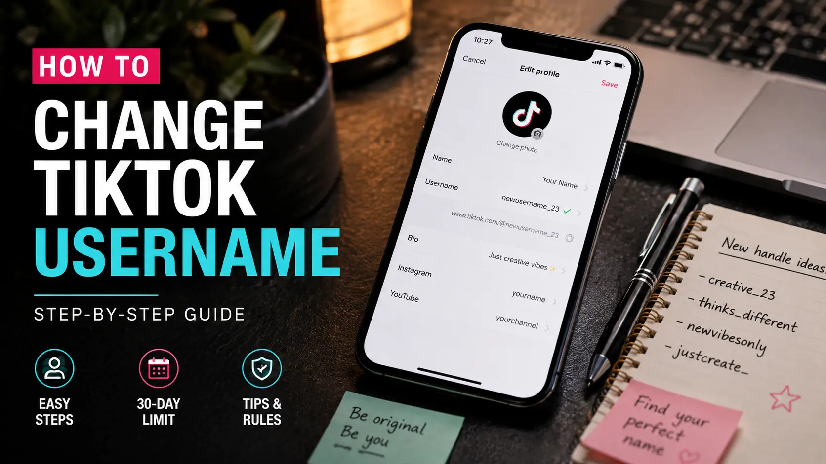 Phone screen showing the TikTok edit profile page where users change their username