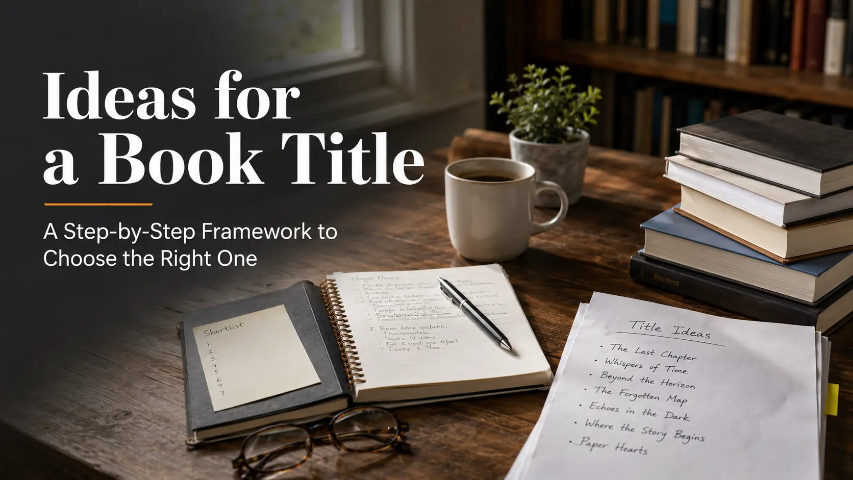 Step-by-step framework showing how to choose a book title with shortlist, testing, and market research