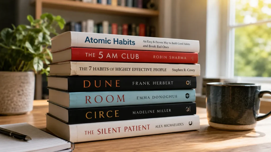 Stack of books showing different book title structures - one word titles like Dune and Circe next to long titles like The 7 Habits of Highly Effective People