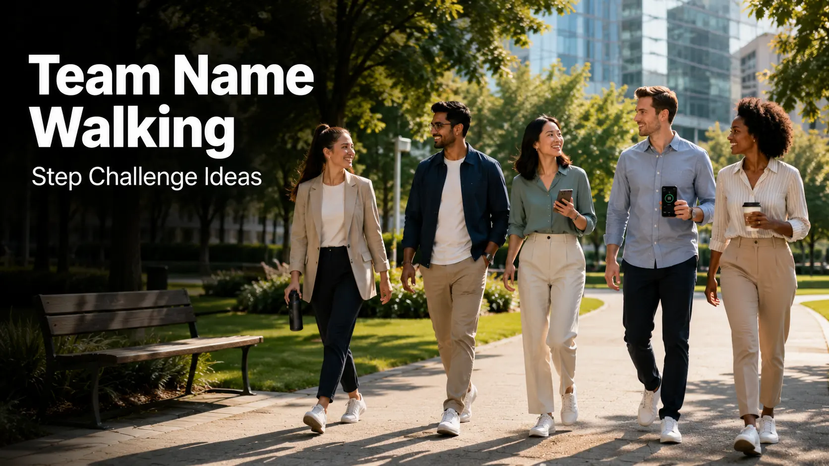 Group of coworkers walking together in a step challenge with team name ideas on screen