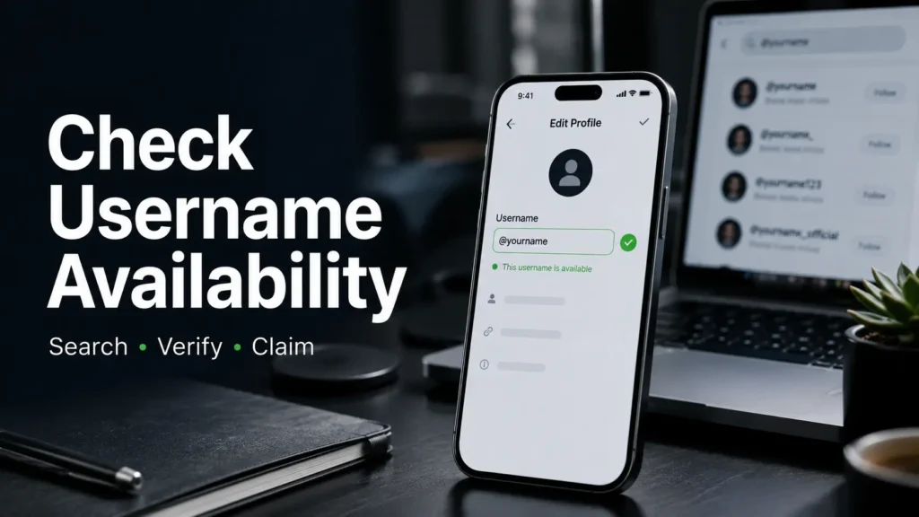 Phone showing the TikTok Edit Profile screen with a username marked as available, next to a laptop displaying search results