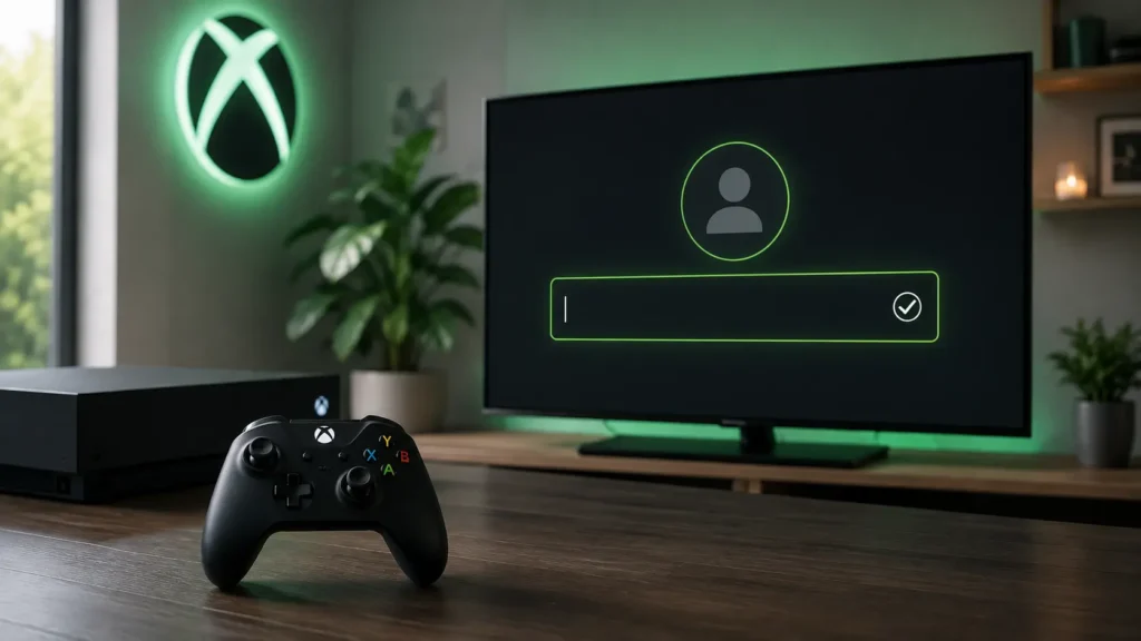 Xbox profile screen showing a gamertag input field with an availability checkmark