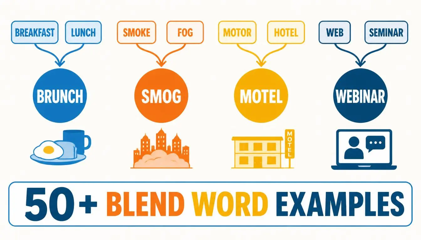 Infographic showing popular blend words like brunch, smog, and motel with their source words