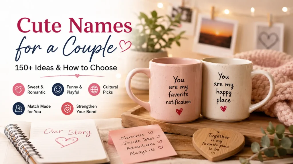 Two mugs with romantic messages representing cute names for a couple