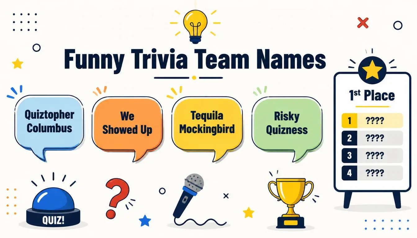 Funny trivia team names infographic with popular quiz team name examples and a scoreboard