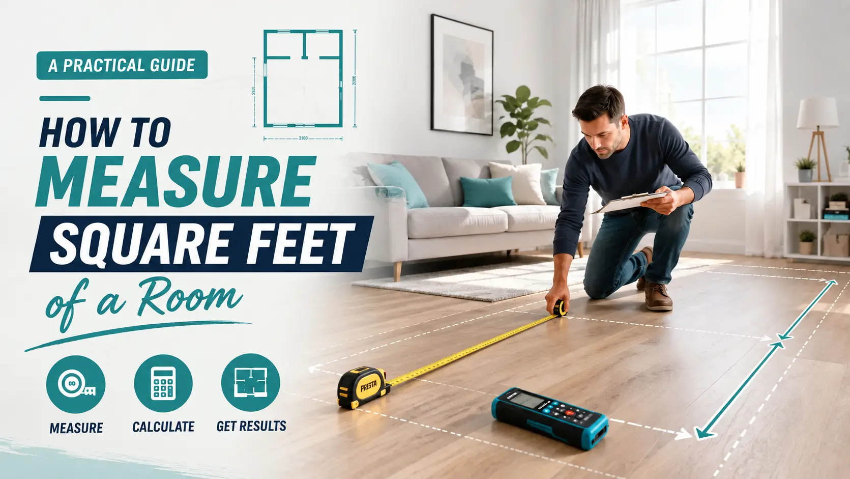 Person measuring a room with a tape measure to calculate square feet.