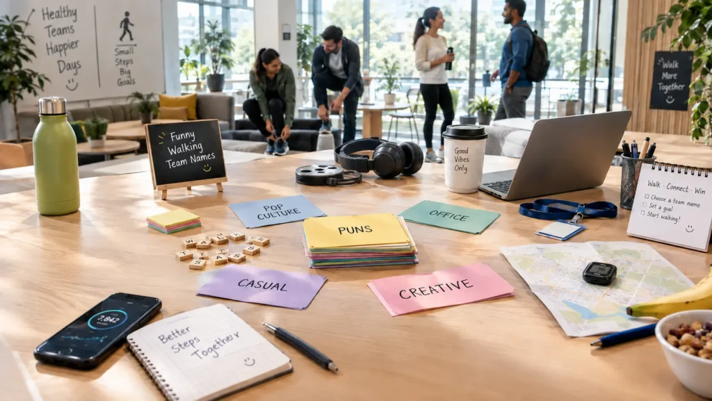 Office desk covered with sticky notes labeled Puns, Pop Culture, Office, Casual, and Creative for brainstorming walking team names, with coworkers getting ready to walk in the background.