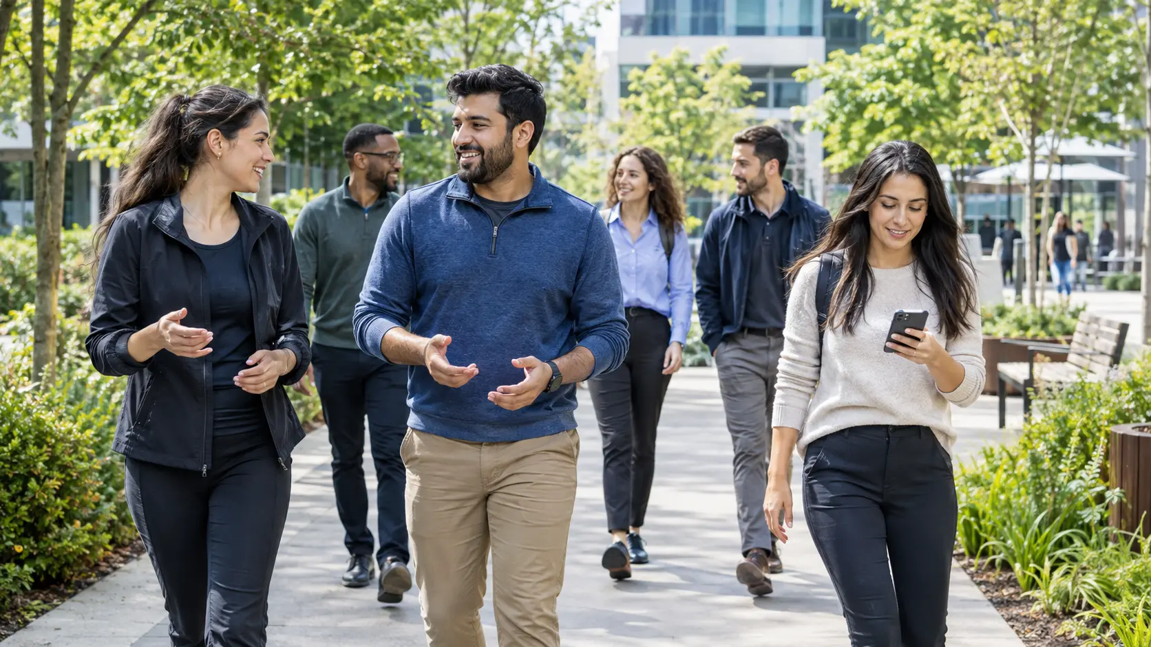 Diverse group of coworkers walking together on an outdoor campus path during a workplace step challenge, smiling and checking a phone.